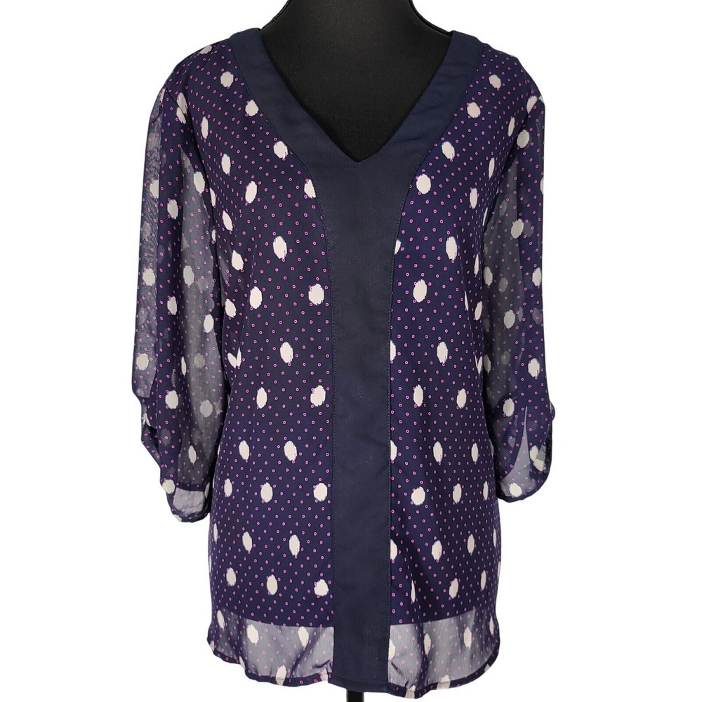 Ivestments Polka Dot Blouse Sheer 3/4 Sleeve V-Neck Top Size PL